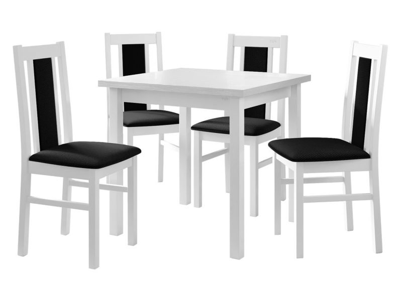 Zestaw DR05 MIRJAN 24 Stół Max IX 80 + 4 krzesła Bos 14 biały + czarna tapicerka 1 kpl.