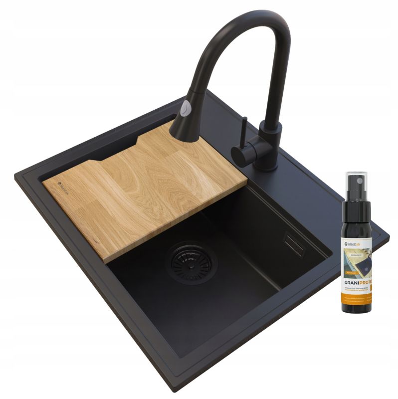 Zlewozmywak Granitowy Kuchenny Granitan Foxal Czarny z Syfonem Złotym, Baterią i Deską 1kpl.