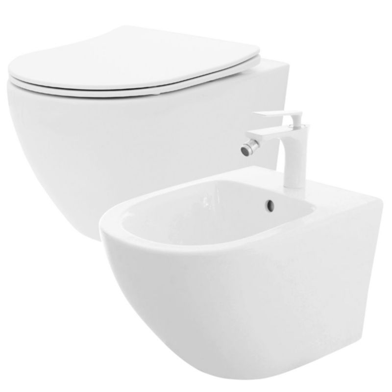 Misa Wc Podwieszana Ceramimczna Rea Carlo Mini Flat Biały 49,5X37X32Cm + Bidet Carlo Mini 1 Szt
