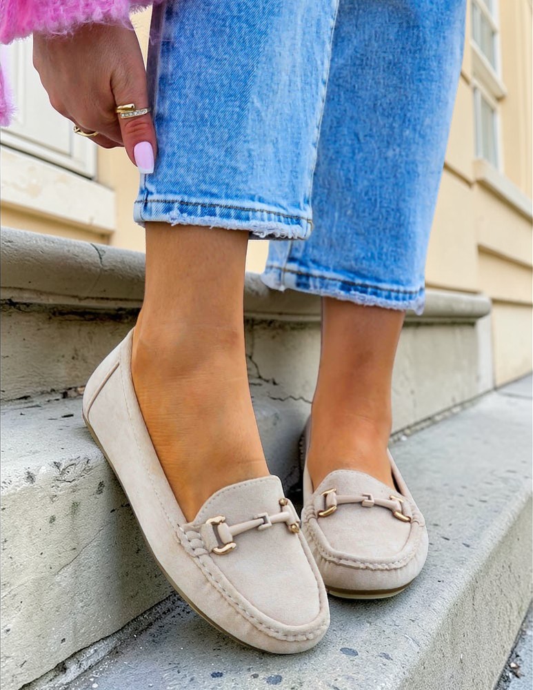 Beżowe Zamszowe Mokasyny Półbuty Baleriny Stella