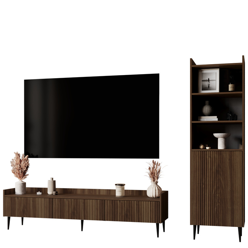 Meblościanka do salonu z szafką RTV i regałem ASPERO orzech