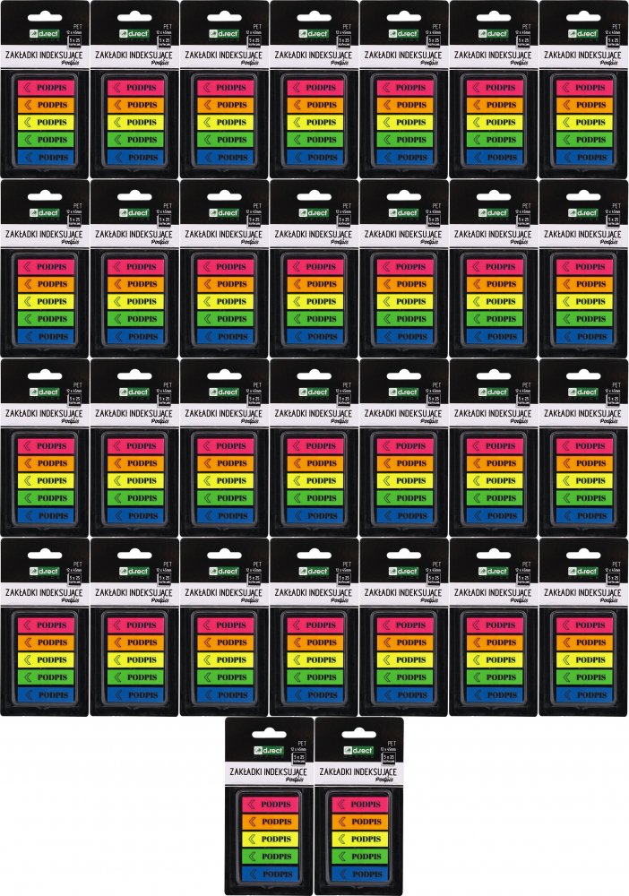 72x Zakładki samoprzylepne D.Rect, z nadrukiem "podpis", indeksujące, folia PET, 12x45mm, 5x25 sztuk, mix kolorów neonowych