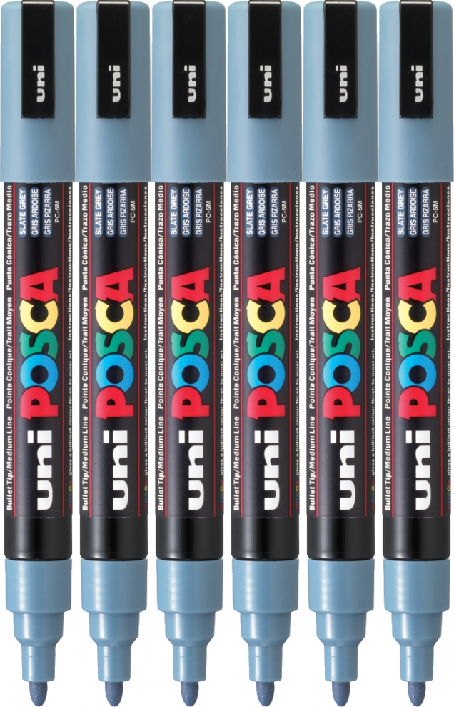6x Marker Posca PC-5M, z farbą plakatową, okrągła, ciemnoszary
