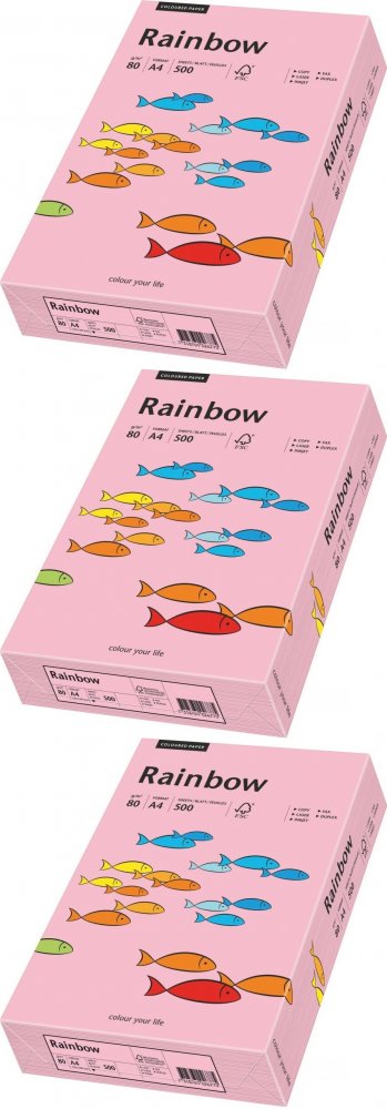 3x Papier kolorowy Rainbow, A4, 80g/m2, 500 arkuszy, różowy (R55)