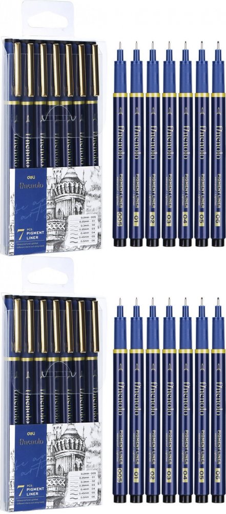 2x Zestaw cienkopisów kreślarkich Deli Finenolo, 7 sztuk, czarny