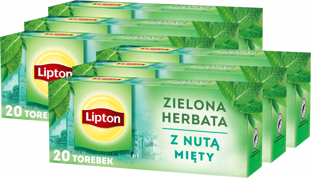 6x Herbata zielona smakowa w torebkach Lipton Green Tea Mint, mięta, 20 sztuk x1.3g