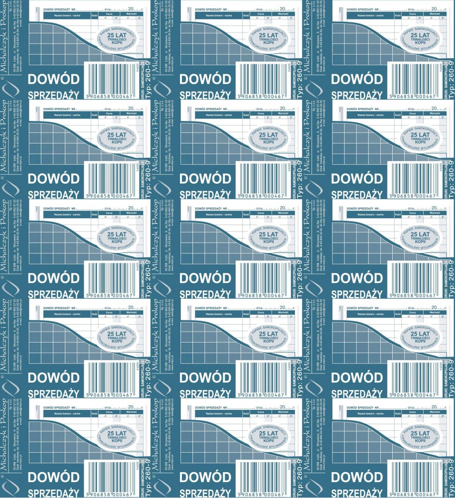 15x Druk akcydensowy dowód sprzedaży (paragon) MiP 260-9, A7, wielokopia, 80k