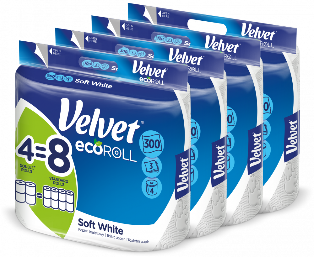 4x Papier toaletowy Velvet EcoRoll, 3-warstwowy, 4 rolki, biały