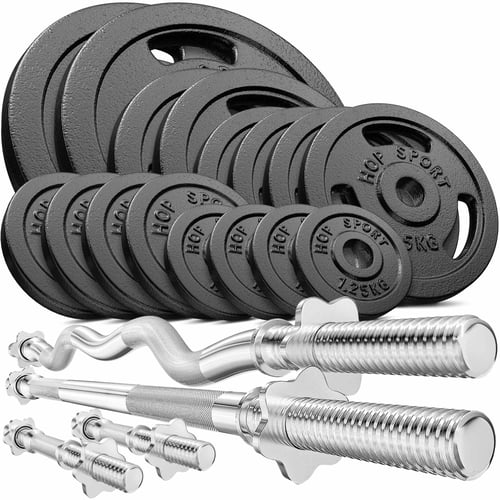 Set d’haltères en fonte 116 kg avec barre de musculation longue, barre Curl EZ et barres courtes