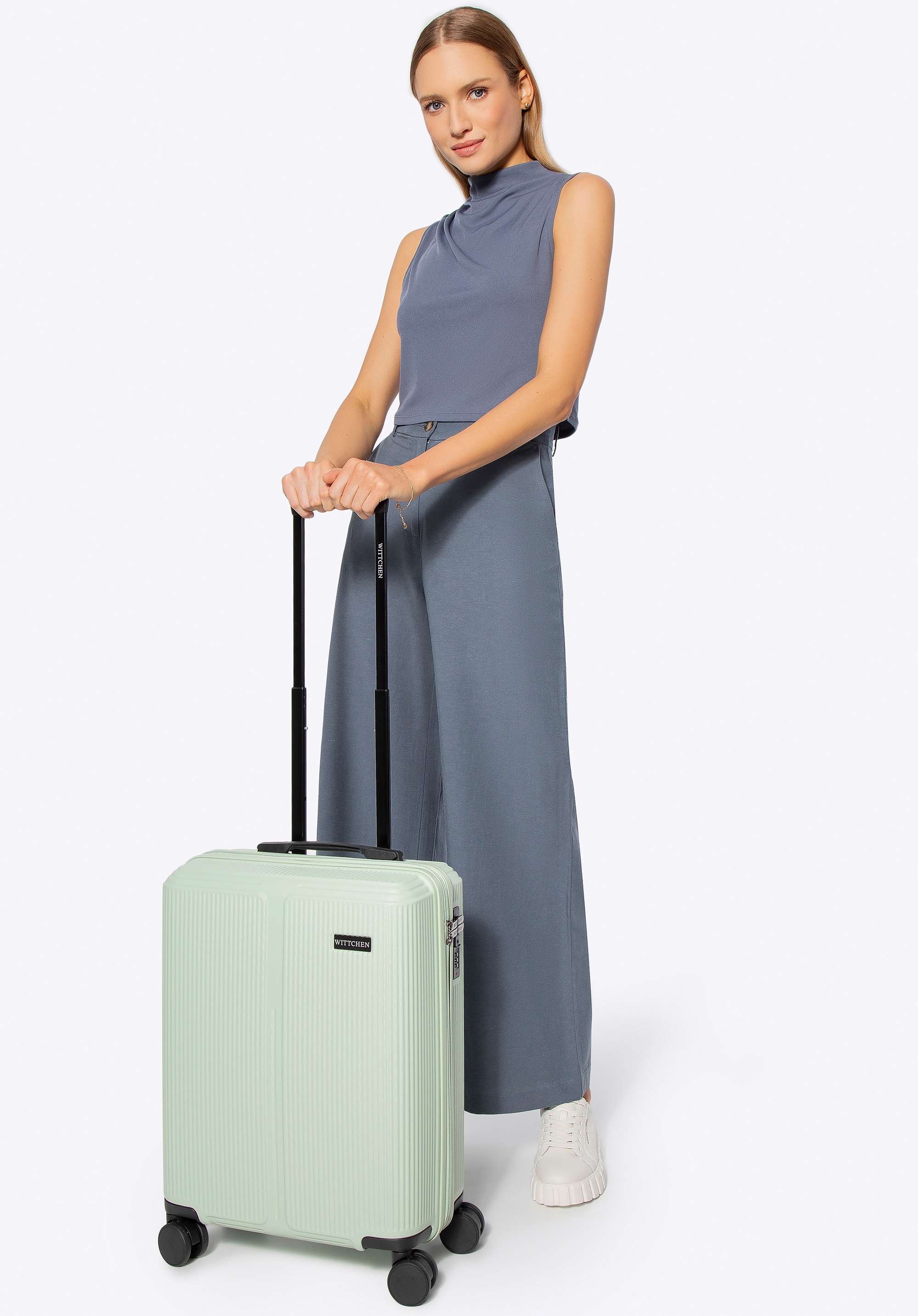 Mała walizka z ABS-u w drobne paski miętowa