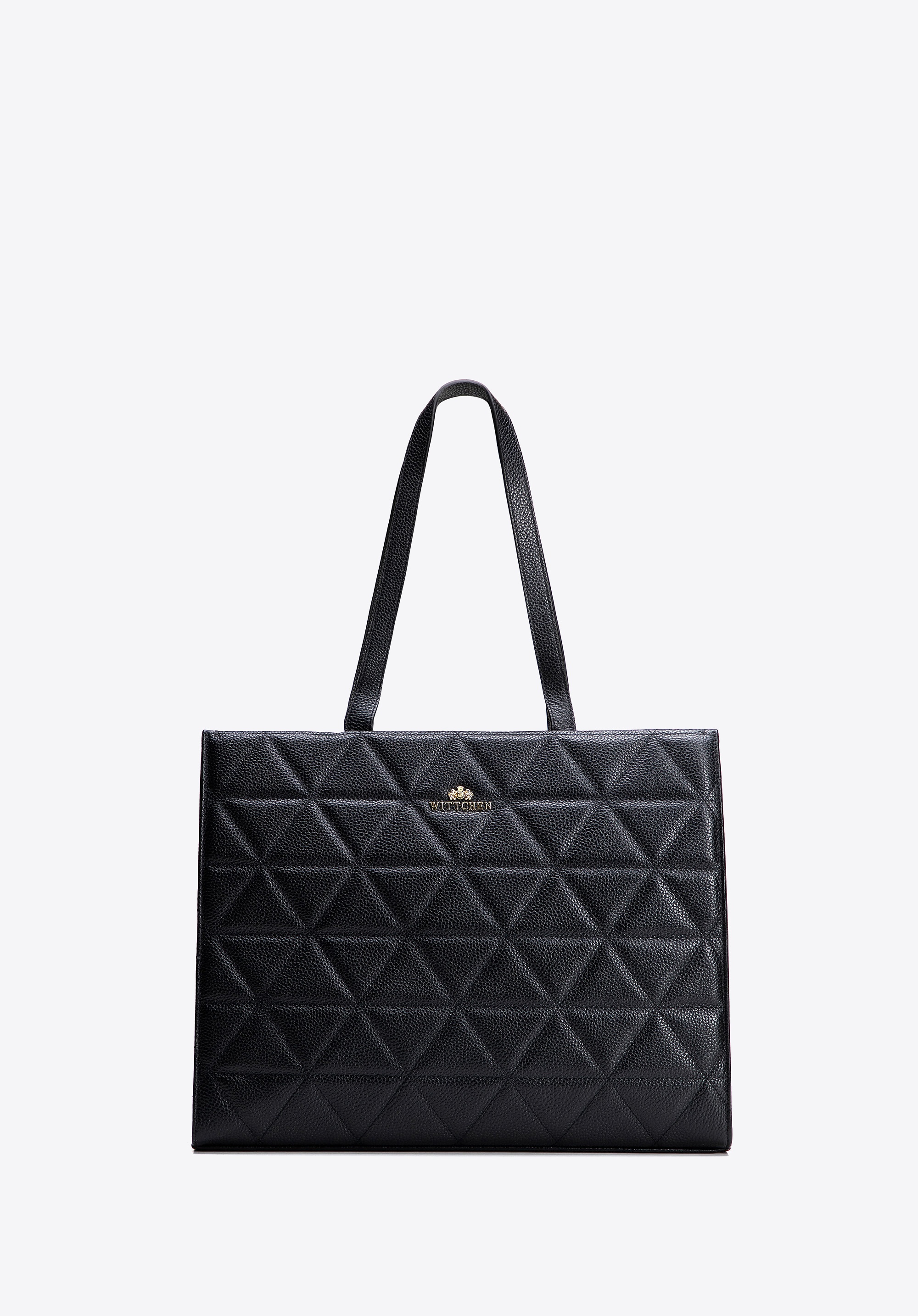 Damska shopperka ze skóry w geometryczne przeszycia czarno - złota