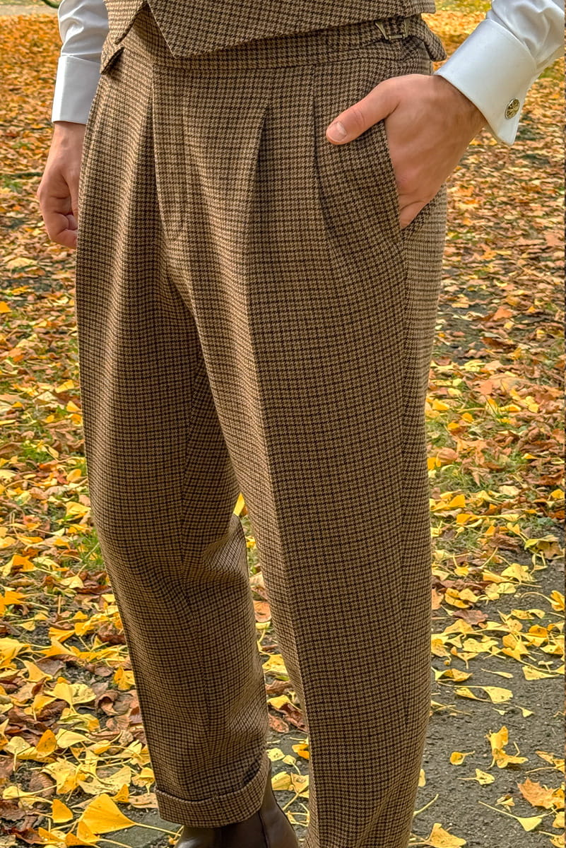 Spodnie tweedowe Gun Club, brązowe, wełniane