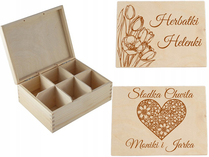 Drewniane pudełko, herbaciarka z grawerem, prezent ślubny.