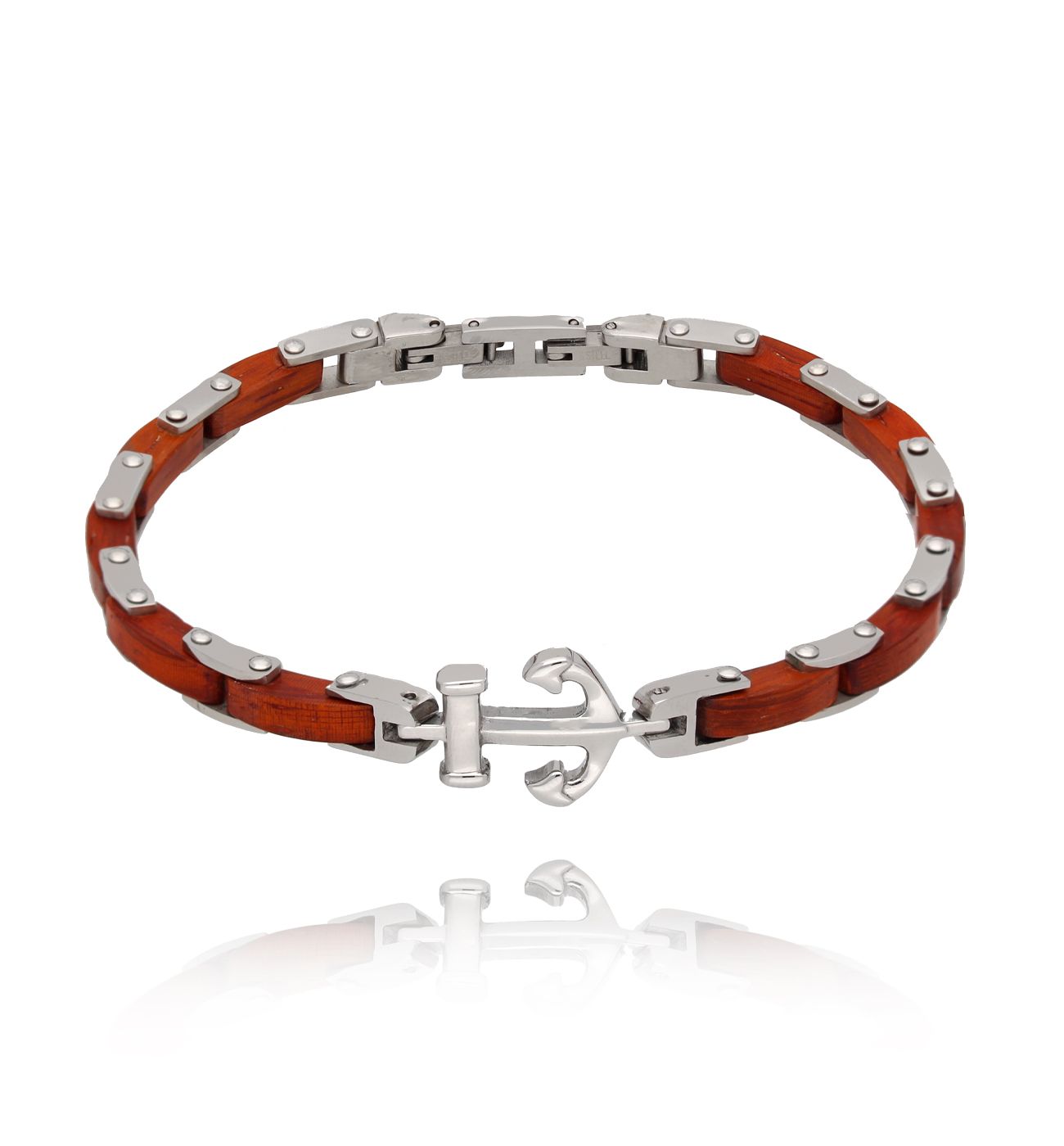 Bransoletka męska z drewna i stali z kotwicą Zaire BMITC0461