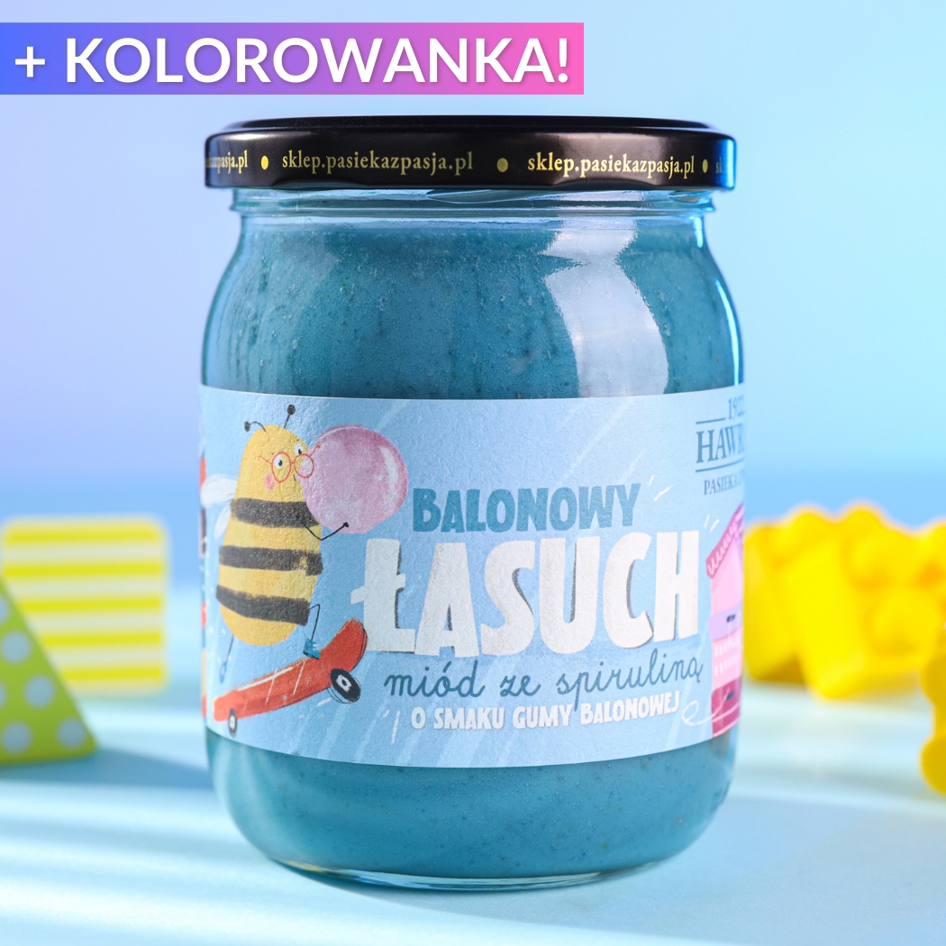 Balonowy łasuch - miód dla dzieci ze spiruliną 630g - Pasieka z Pasją Hawran
