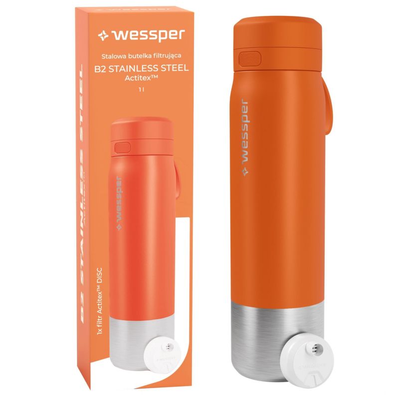 Butelka na wodę, Wessper, filtrująca, stal nierdzewna, bidon, z filtrem wody, 1L, B2 STAINLESS STEEL Actitex, pomarańczowa, 1szt