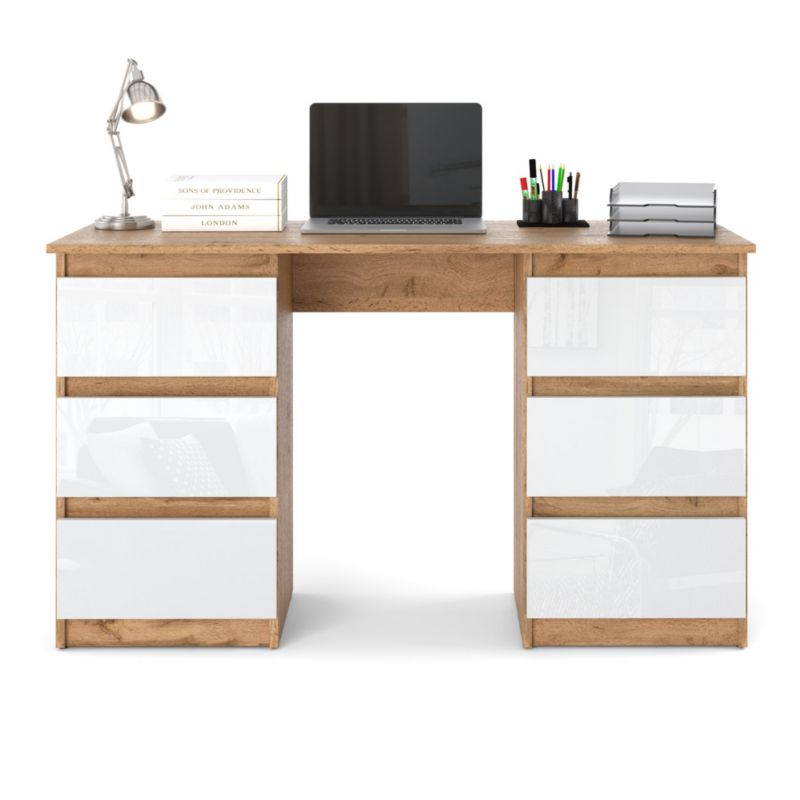 Biurko Hurtownia-Mebli Szuflady 6 Hugo 120cm Dąb Wotan Biały Połysk 120x50x75 cm 1szt.