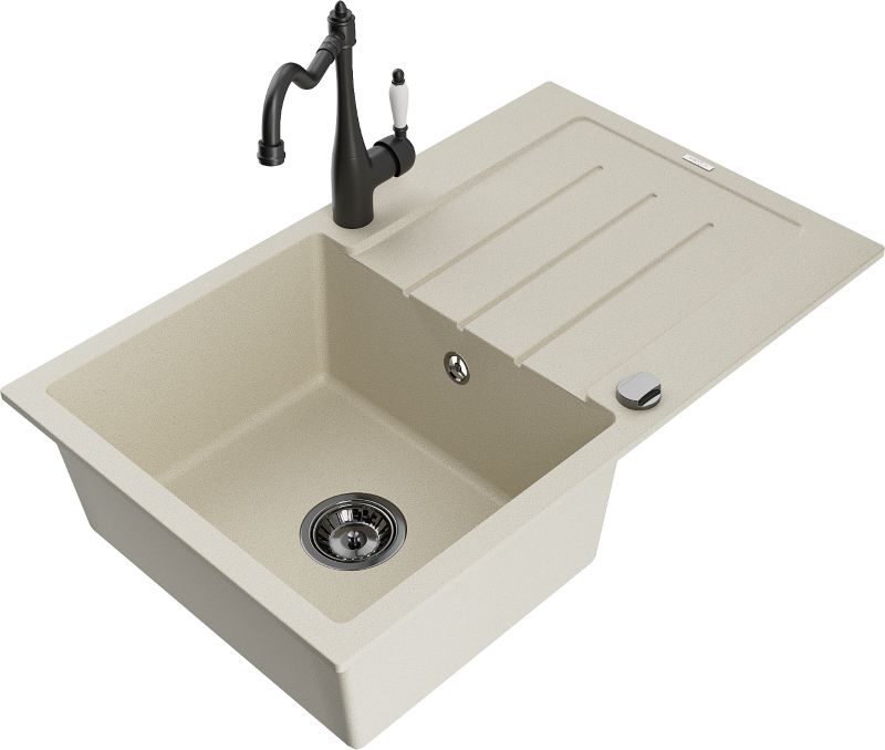 Zlewozmywak granitowy Mexen Bruno 1-komorowy z ociekaczem i baterią kuchenną Carla beżowy - 6513-69-670700-50 1 szt.