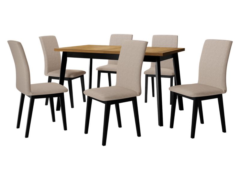 Zestaw DR23 MIRJAN 24 Stół rozkładany Oslo V 80x140/180 + 6 krzeseł Luna 1 dąb grandson + czarny + beżowa tapicerka 1 kpl.