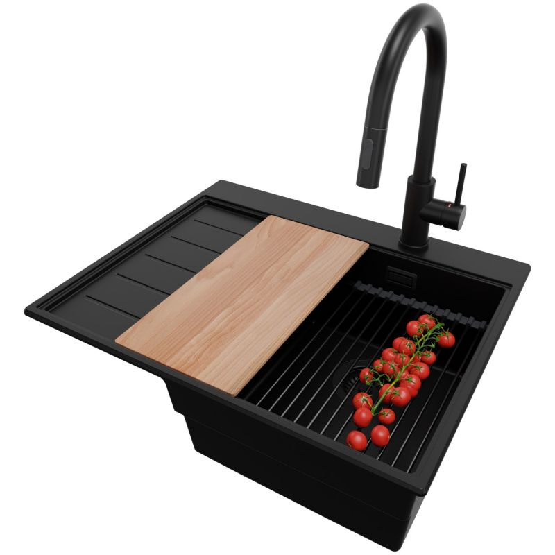 Zlewozmywak Granitowy Sydney PRIMAGRAN Nablatowy 62x50cm, Cały Czarny + Bateria + Syfon + Akcesorium, S043, 1 szt.