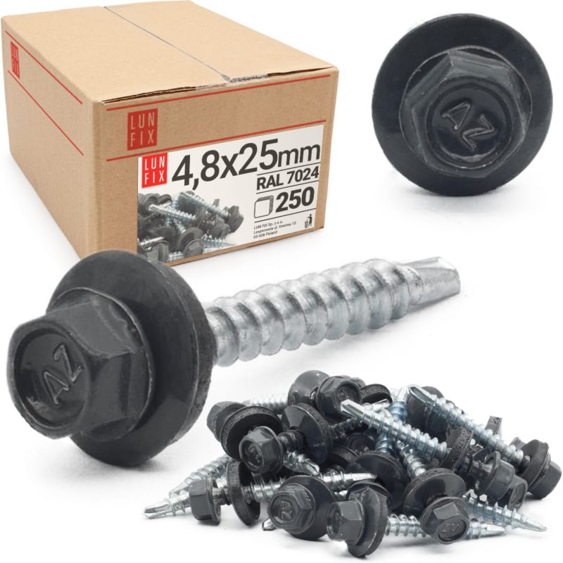 Blachowkręty Lun Fix wkręty farmerskie 4,8x25mm RAL724 grafit 250szt.
