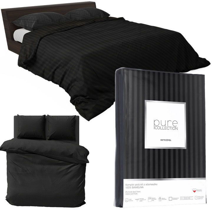 Pościel Detexpol Pure 200x220cm + 2x poszewka 70x80cm bawełna czarna 1 kpl.
