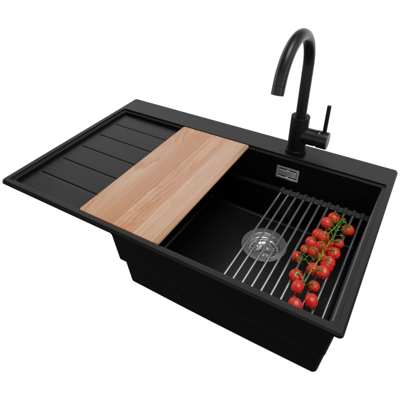 Zlewozmywak Granitowy Sydney PRIMAGRAN Nablatowy 78x50cm do szafki od 50cm, Czarny + Bateria + Syfon + Akcesoria, S320, 1 szt.