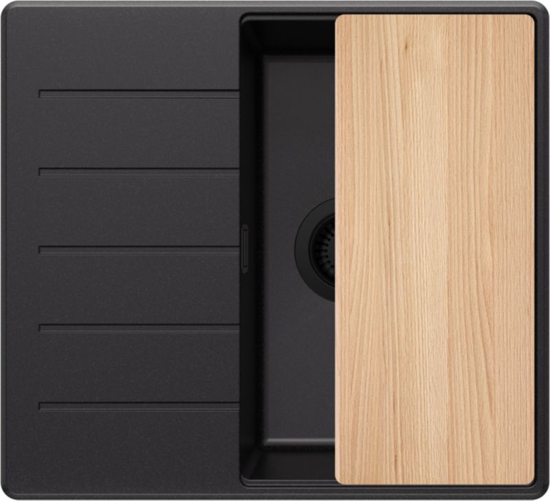 Zlewozmywak Kopenhaga PRIMAGRAN Nablatowy 55x50cm do szafki od 40cm, Cały Czarny + Syfon + Deska, S063, 1 szt.