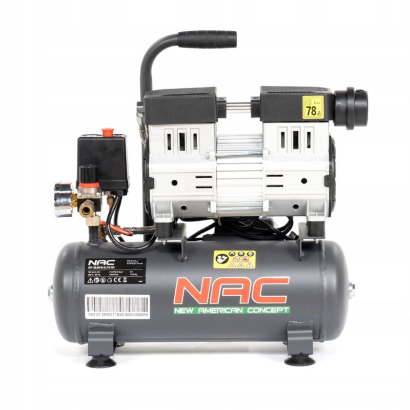 Kompresor bezolejowy NAC 8 litrów 750 W 8 bar 131 l/min 76 dB bezolejowy 1 szt.