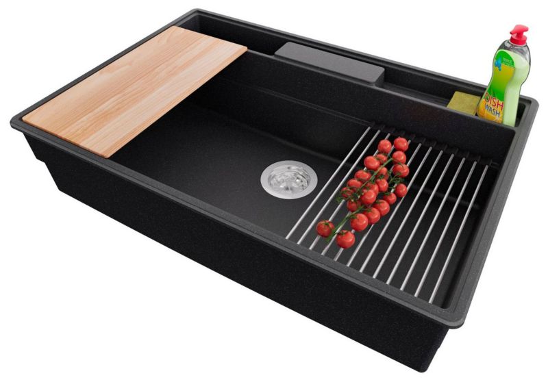 Zlewozmywak Nowy Jork PRIMAGRAN Nablatowy 78x53cm do szafki od 80cm, Grafitowy + Syfon + Akcesoria, , 1 szt.