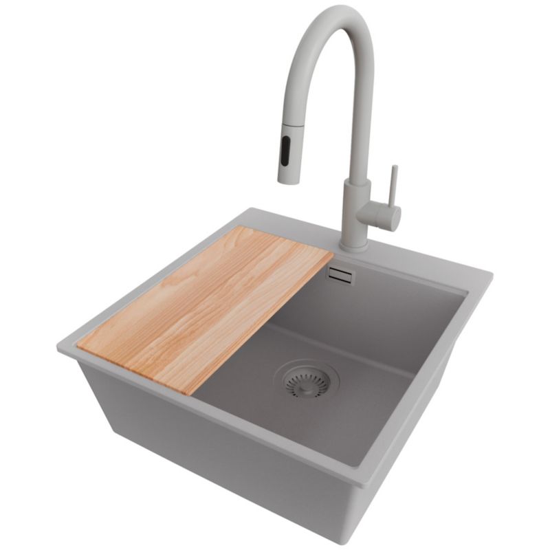 Zlewozmywak Granitowy Oslo PRIMAGRAN Nablatowy 48x50cm do szafki od 50cm, Szary + Bateria 40x20cm + Syfon + Deska, S316, 1 szt.