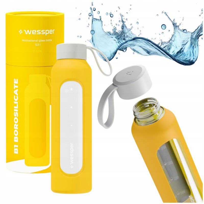 Butelka na wodę, Wessper B1, motywacyjna, z miarką, z etui, szkło borokrzemowe, bidon, 500ml, żółta, 1szt