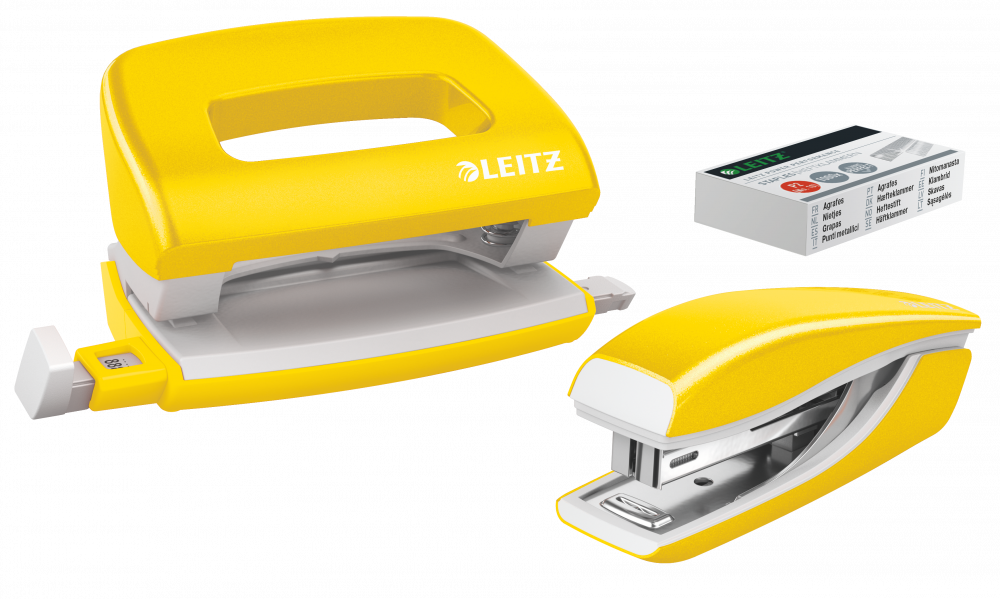 Zestaw zszywacz i dziurkacz Leitz Mini NeXXt Wow, metalowy, żółty