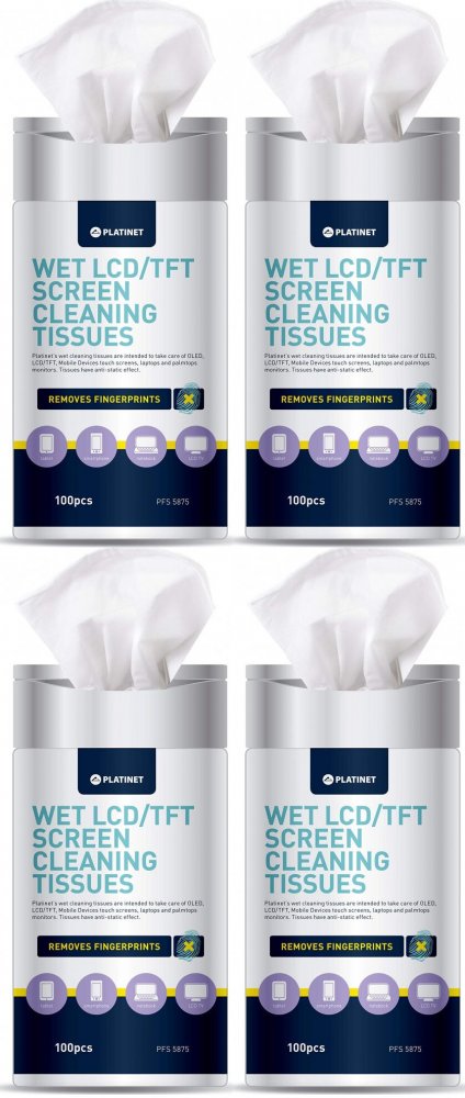 4x Chusteczki nasączone do LCD Platinet, 20x13cm, tuba, 100 sztuk