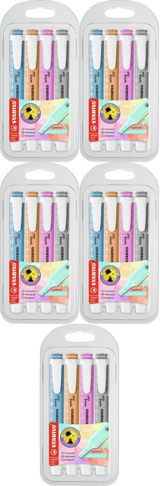 5x Zakreślacz Stabilo Swing Cool Pastel, ścięta, etui, 4 sztuki, mix kolorów pastelowych