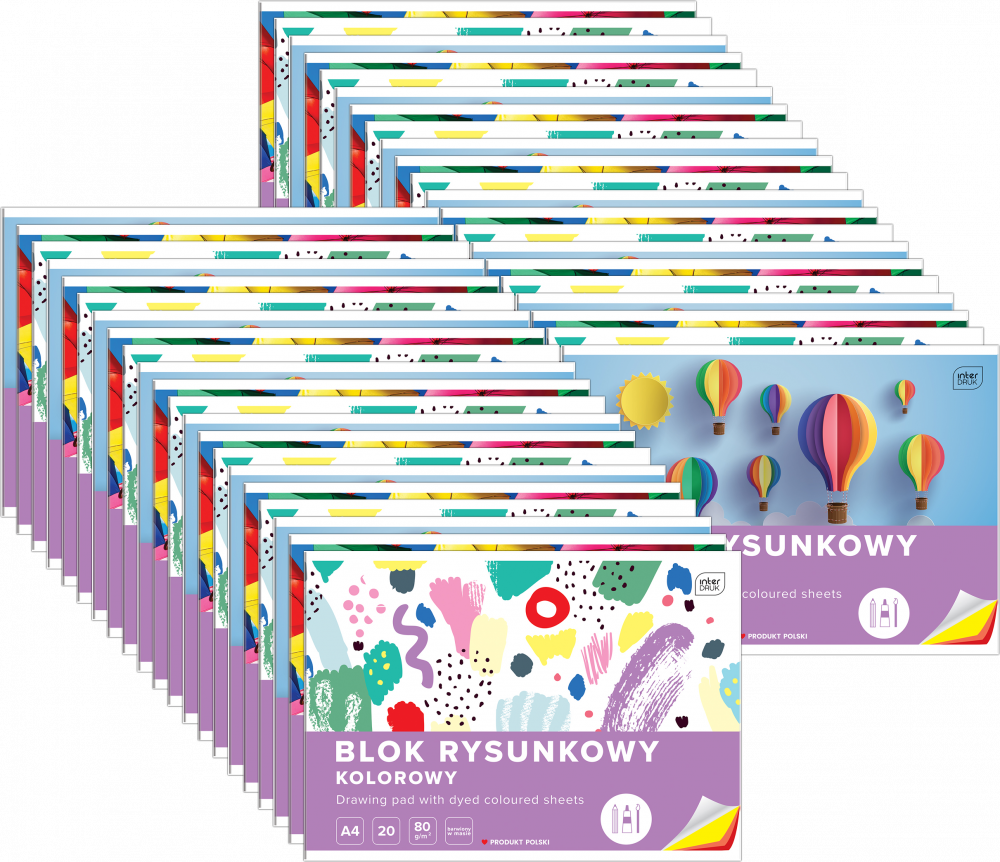 50x Blok rysunkowy Interdruk, A4, 20 kartek, kolorowy