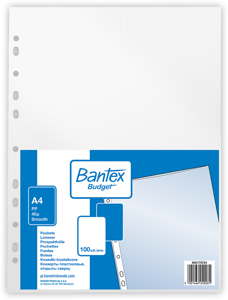 Koszulki krystaliczne Bantex Budget, A4, 40μm, 100 sztuk, transparentny