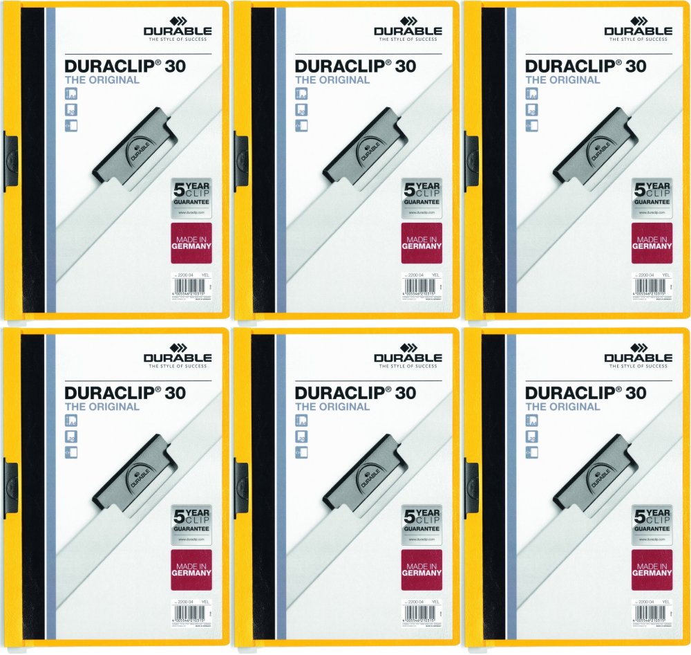 6x Skoroszyt plastikowy z klipsem Durable Duraclip, A4, do 30 kartek, żółty