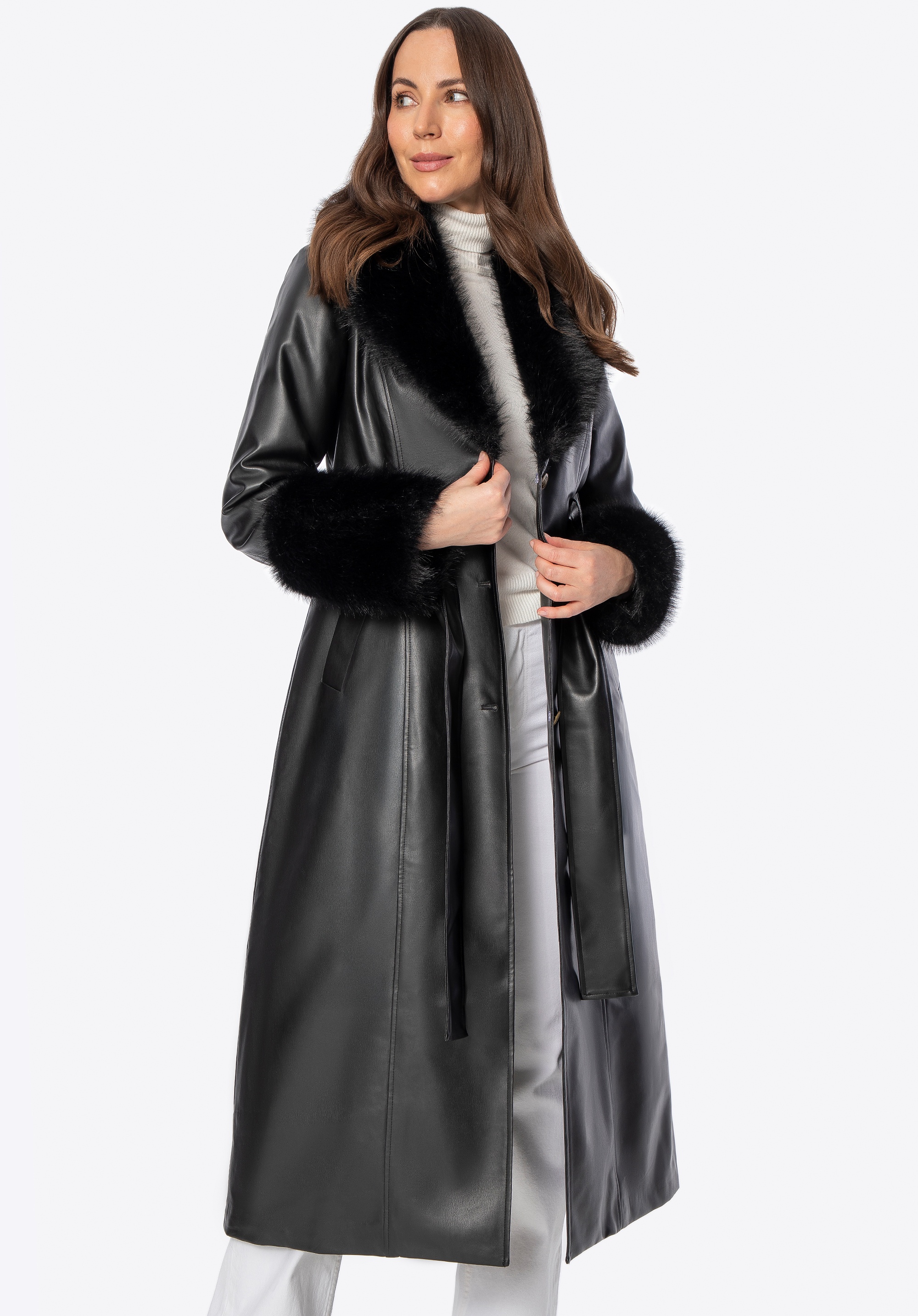 Damski płaszcz z imitacji skóry ze sztucznym futerkiem czarny