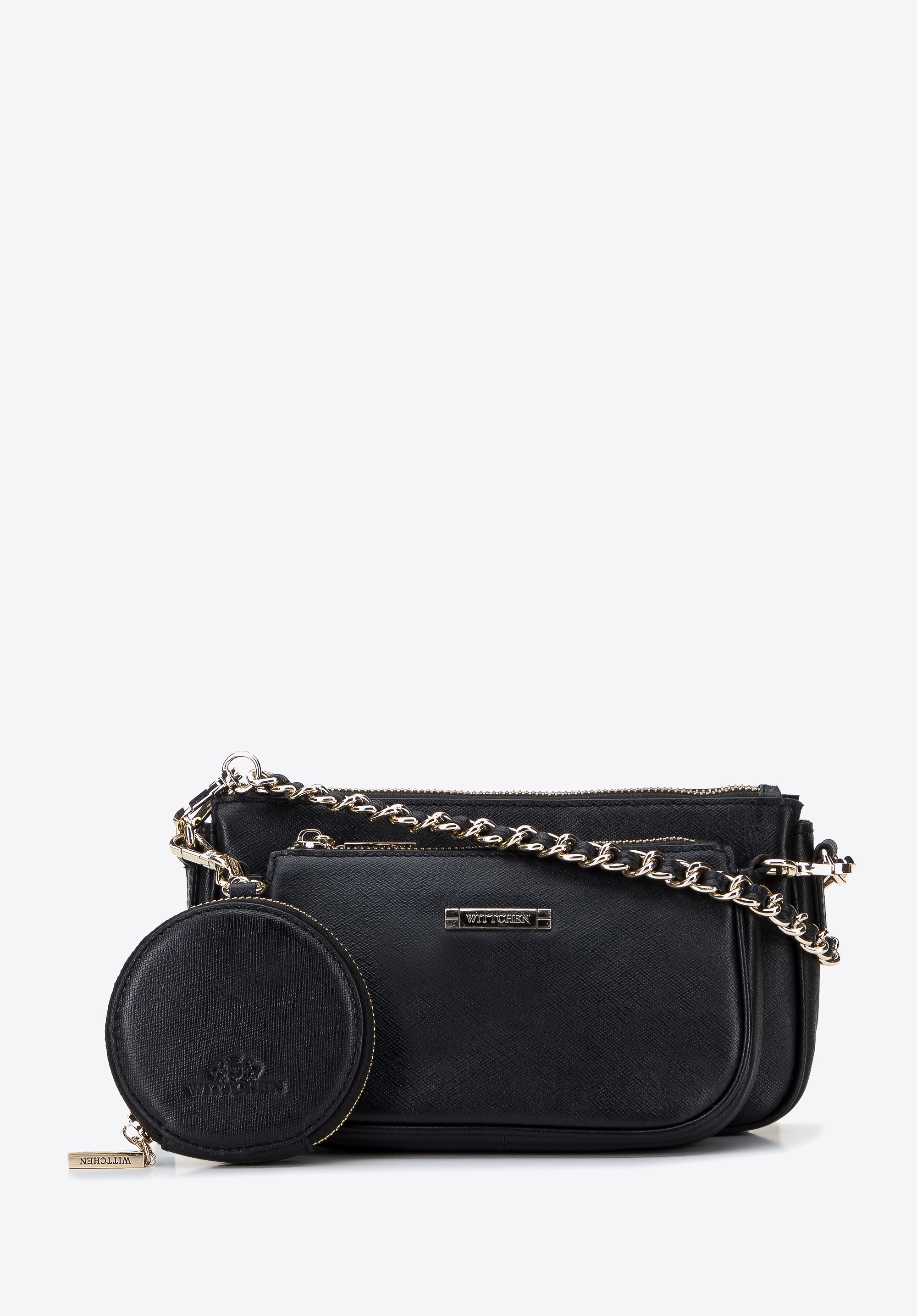 Damska torebka skórzana podwójna z etui na łańcuszku czarno-złota