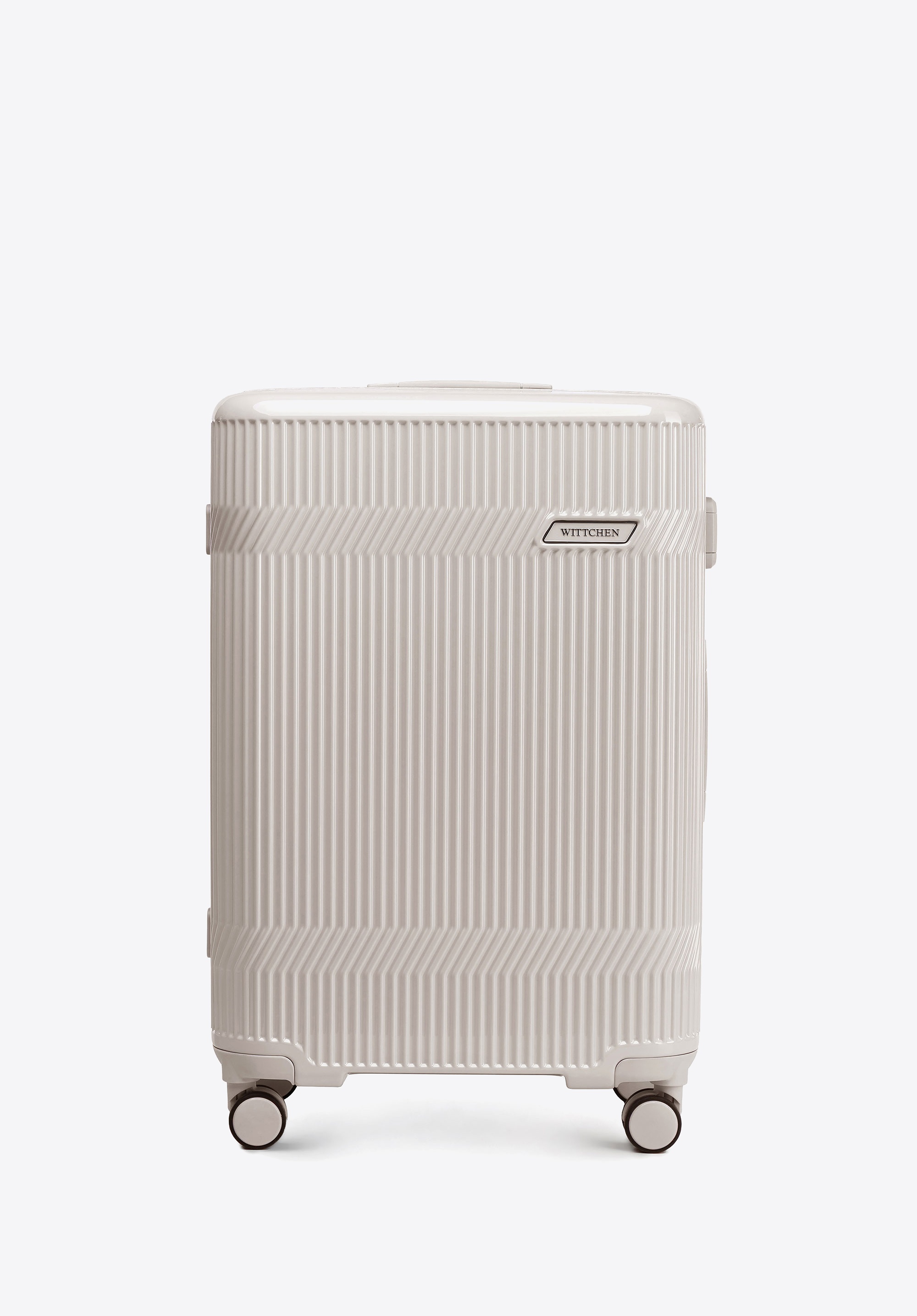 Średnia walizka z polikarbonu o błyszczącym wykończeniu beżowa