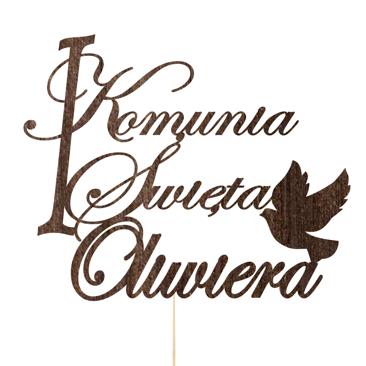 Topper dekoracja na bok tortu pik Pierwsza Komunia Święta drewno napis imię brąz rustykalny