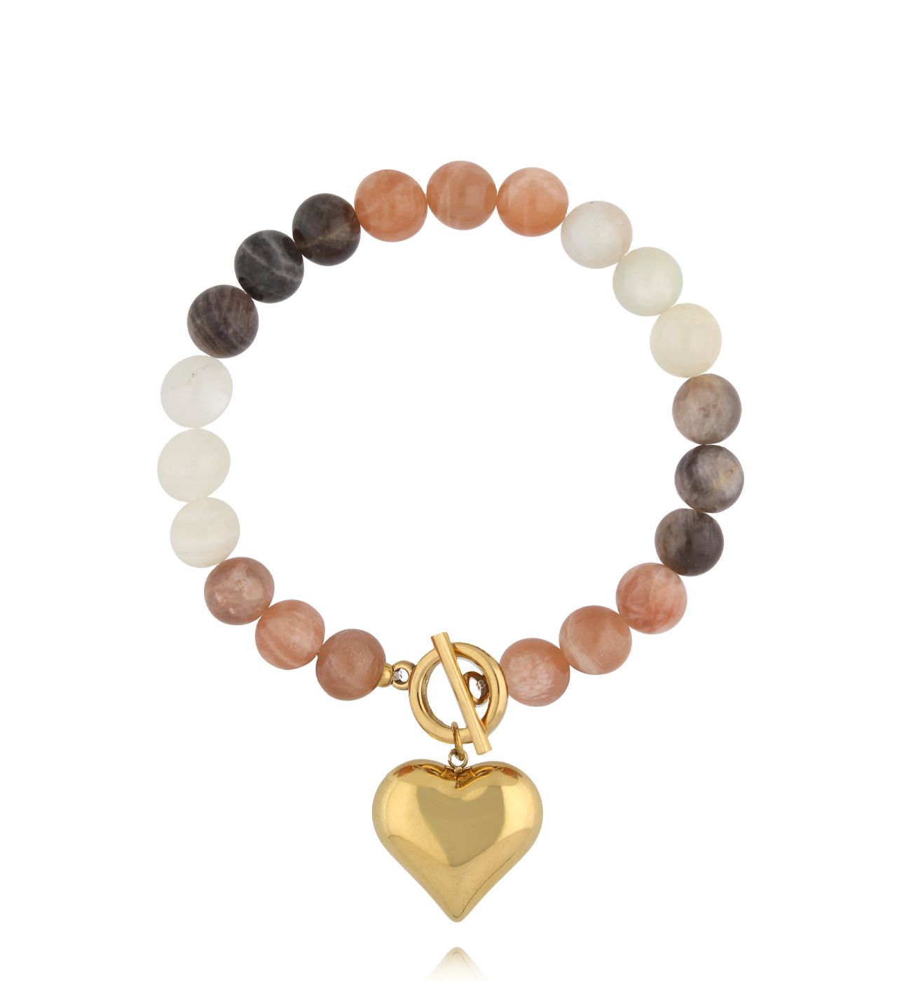 Bransoletka z kamienia księżycowego w odcieniach beżu ze złotym sercem - By Dziubeka
