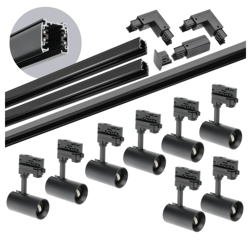 Zestaw szynowy 3-fazowy Kobi szyna 1m+1m+2m, 8x Lampa, łącznik L czarny 1kpl.