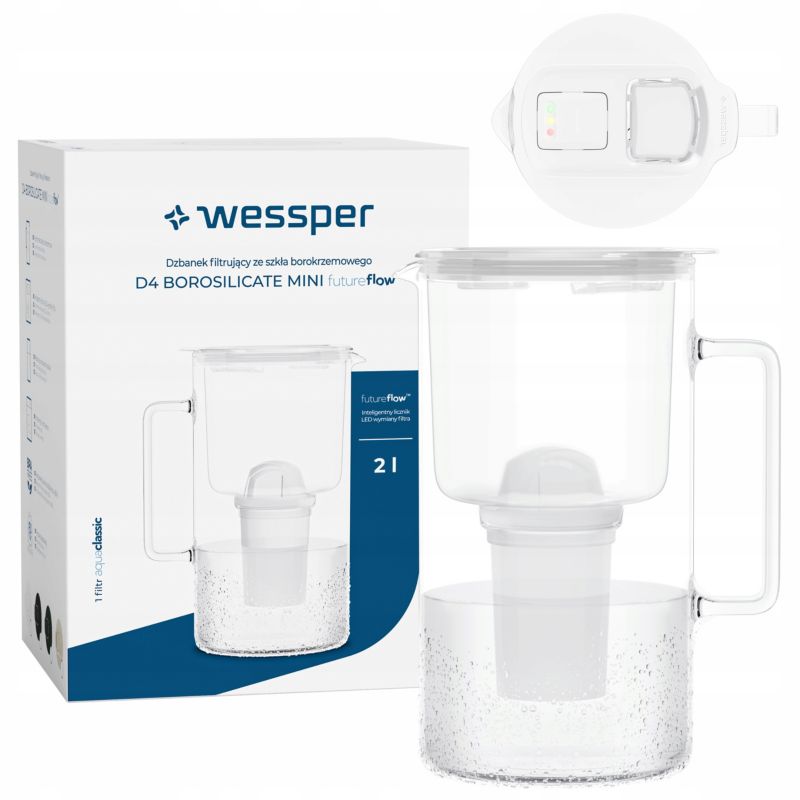 Dzbanek filtrujący wodę, Wessper D4 BOROSILICATE, szklany, z licznikiem LED, 2 l, BPA Free, zestaw z 1 filtrem wody, biały, 2szt
