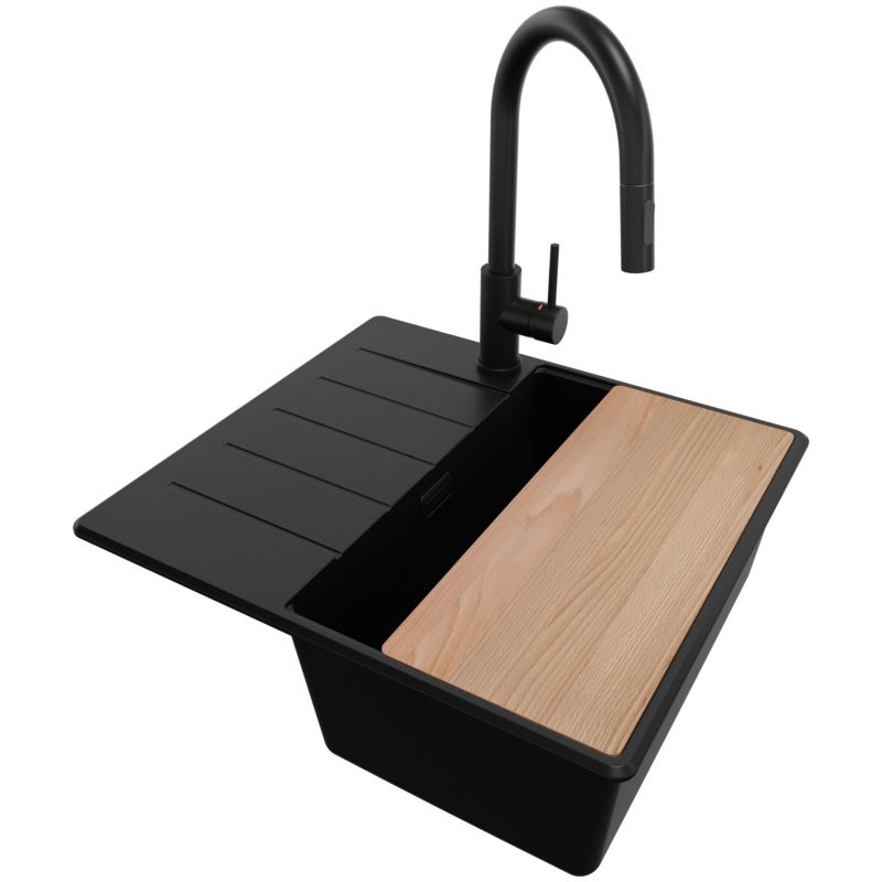 Zlewozmywak Granitowy Kopenhaga PRIMAGRAN Nablatowy 55x50cm, Cały Czarny + Bateria + Syfon + Akcesorium, S076, 1 szt.