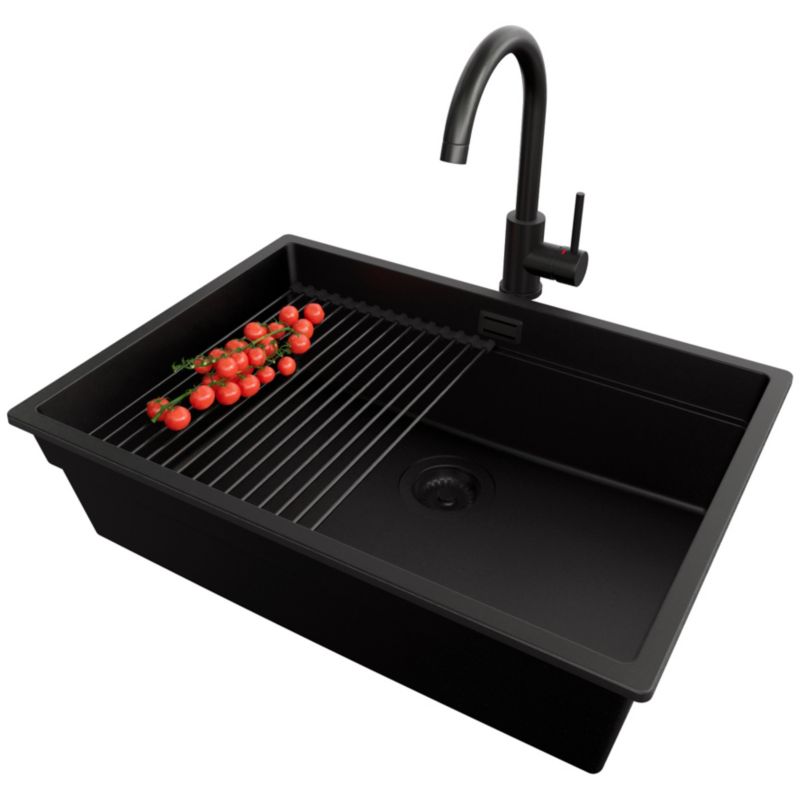 Zlewozmywak Granitowy Praga Slim PRIMAGRAN Nablatowy 66x47cm, Cały Czarny + Bateria + Syfon + Akcesorium, S458, 1 szt.