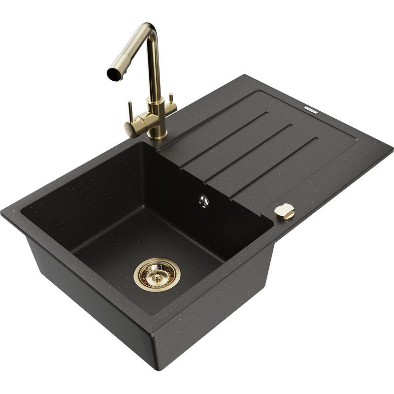 Zlewozmywak granitowy 1-komorowy Mexen Bruno z ociekaczem i baterią kuchenną Duero czarny/złoty metalik 6513-75-671600-50