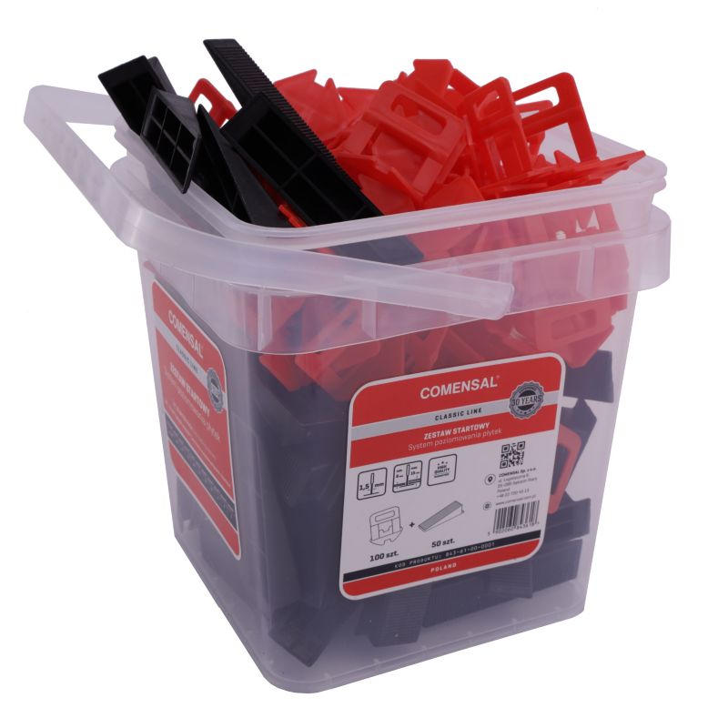 System poziomowania płytek COMENSAL klipsy zaciski 1,5 mm TYP II 100 szt. i kliny TYP II 50 szt. 1 zestaw