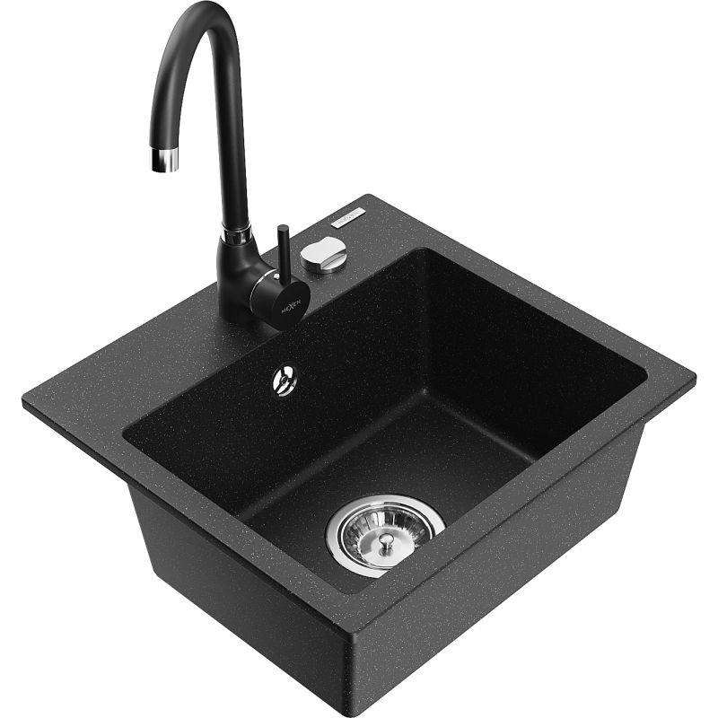 Zlewozmywak granitowy 1-komorowy Mexen Milo z baterią kuchenną Telma czarny/złoty - 6505-75-670200-70 1 szt.